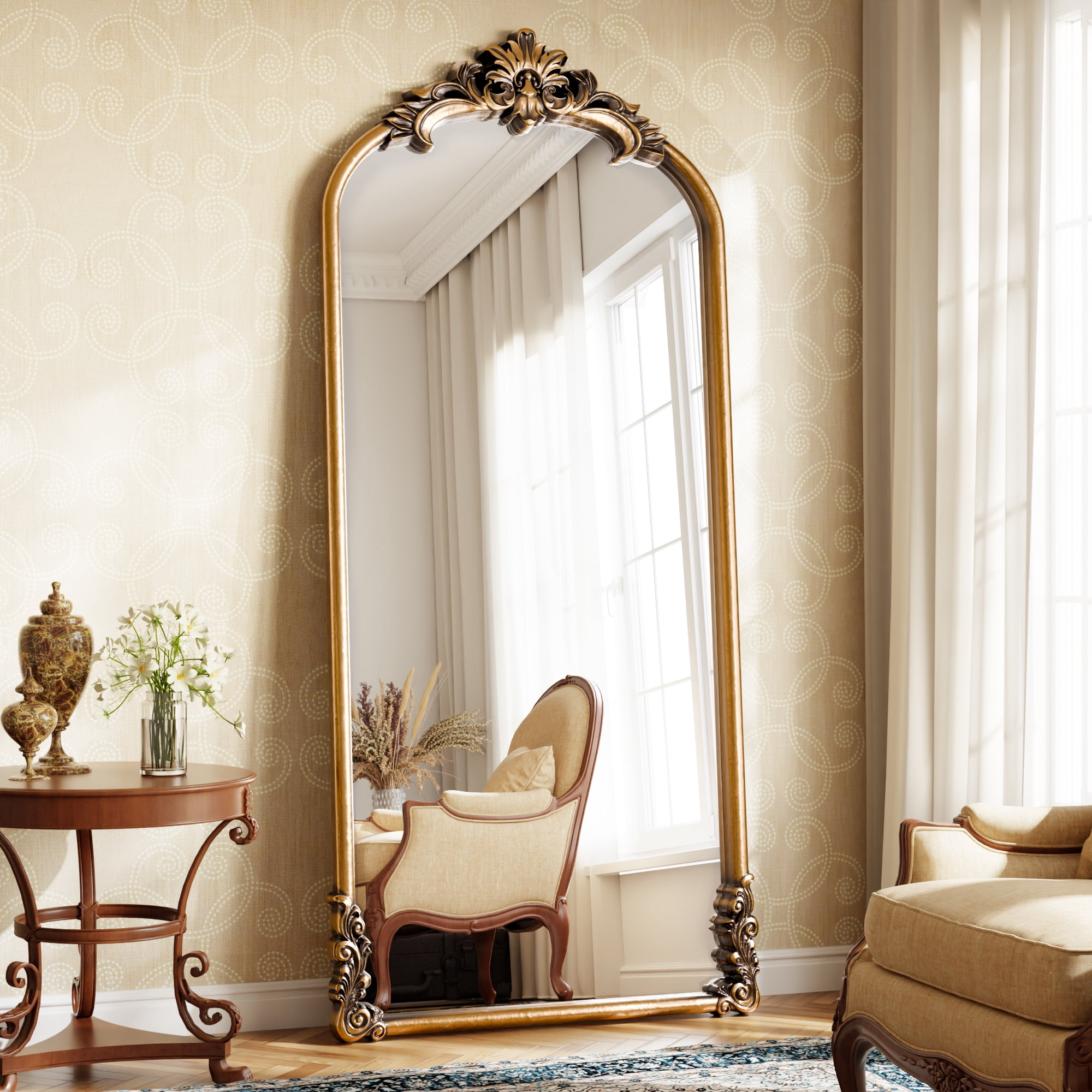 Easy4Home 69"x28" Arched Full-Length Floor Mirror Smooth Arch Top Floral Crest Standing Mirror, Antique Gold