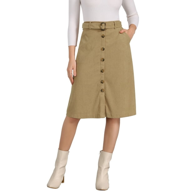 Falda de pana de mujer Inspire Chic, de cintura alta, con botones en la parte delantera, con cinturón, midi, color marrón, talla S