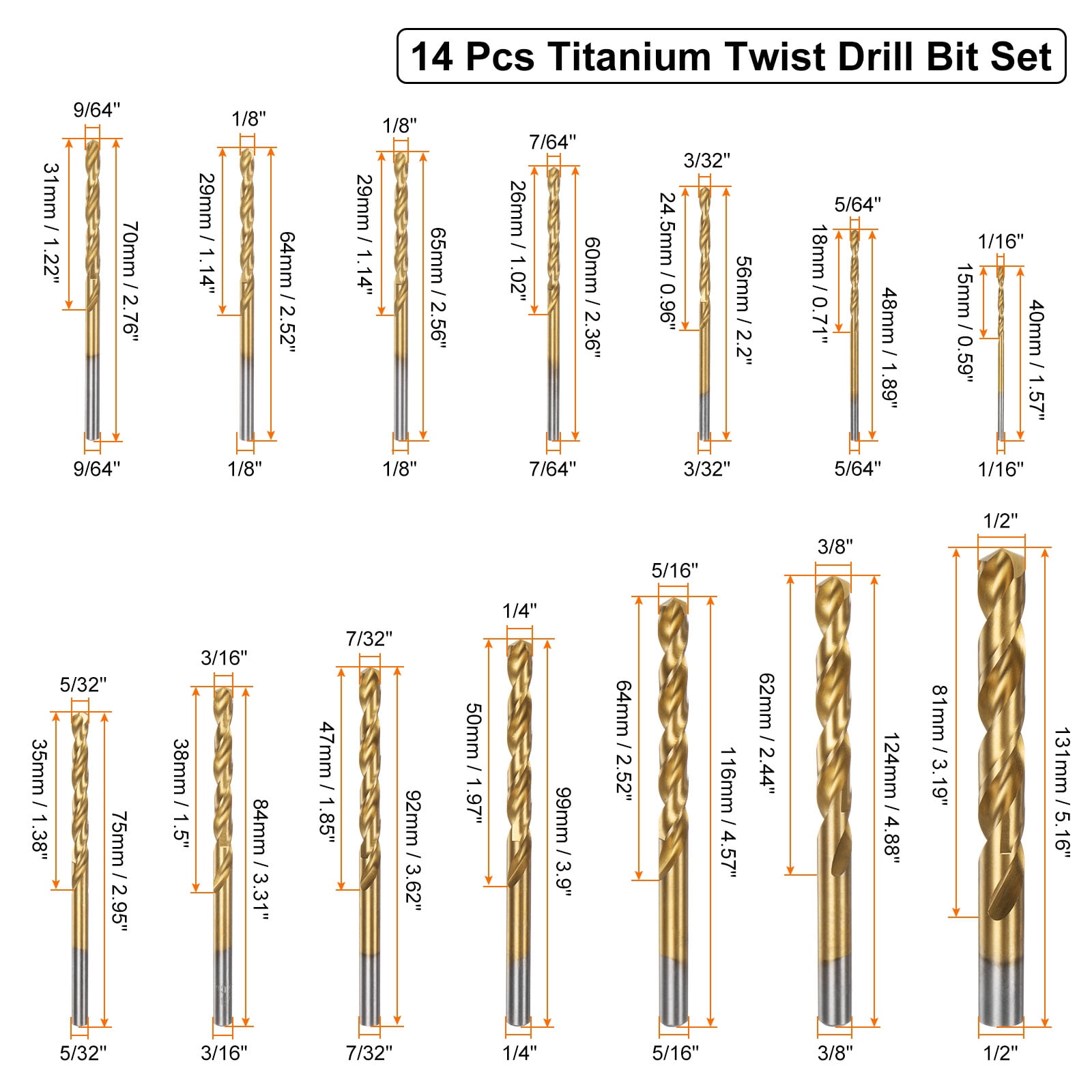 14packs Titanium Twist Drill Bit Hex Shank Set High Speed Steel Drills with Case