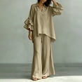 thumbnail image 5 of MaFYtyTPR Women's 2 Piece Outfit Sets Ruffled Sleeve Collared V-Neck Top and Wide Leg Pants Set Loose Fit Cotton Linen Suits A-Khaki M, 5 of 5