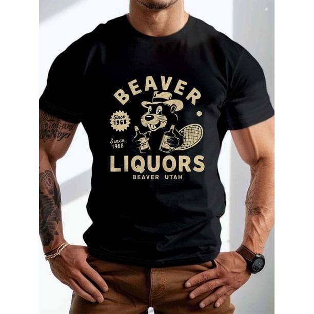 1pc Men'S Summer T-Shirt - Casual Crew Neck with Geometric Beaver & Liquor Bottles Print, Slight Stretch Regular Fit Short Sleeve Top for Daily Wear