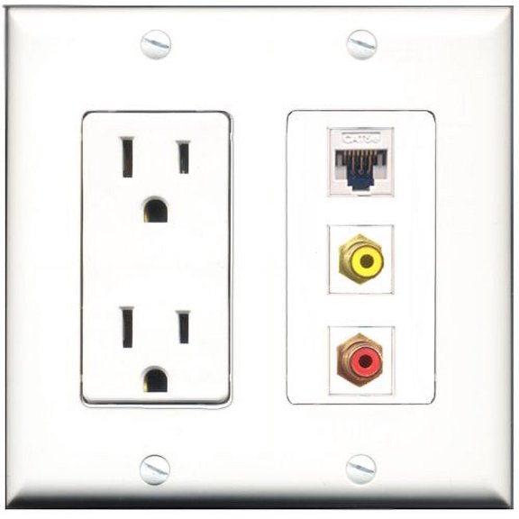 RiteAV - 15 Amp Power Outlet 1 Port RCA Red 1 Port RCA Yellow 1 Port Cat5e Ethernet White Decorative Wall Plate