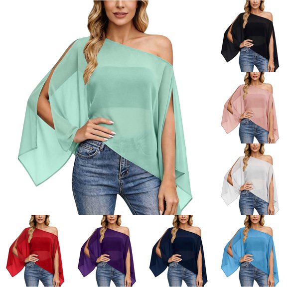 CAIVO Women Blouses Dressy Casual Off Shoulder For Lightweight Loose Fit Chiffon Batwing Sleeve Tops In Solid Color Stylish Shirts