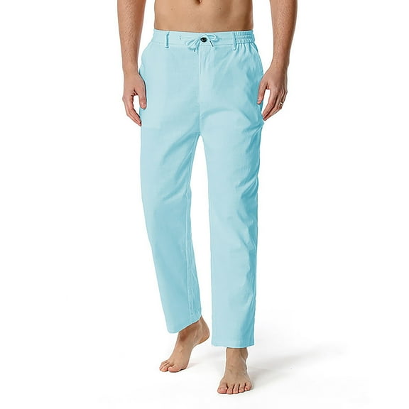 Men's Casual Beach Pants Drawstring Cotton Linen Loose Open Bottom Yoga Trousers Pockets Light Blue L