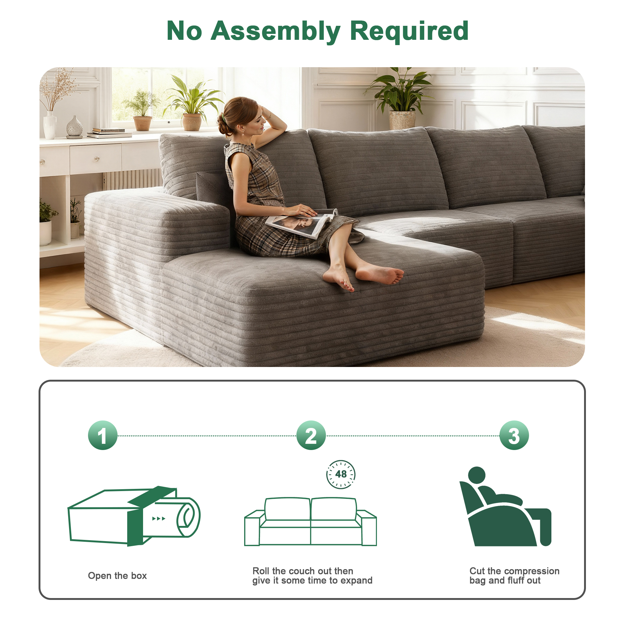 MAYEERTY 135" Cloud Sectional Couch with L-Shape Chaise, Modern Modular Deep Seat Sofa, No Assembly Plush Corduroy Fabric, Gray (3 packages)