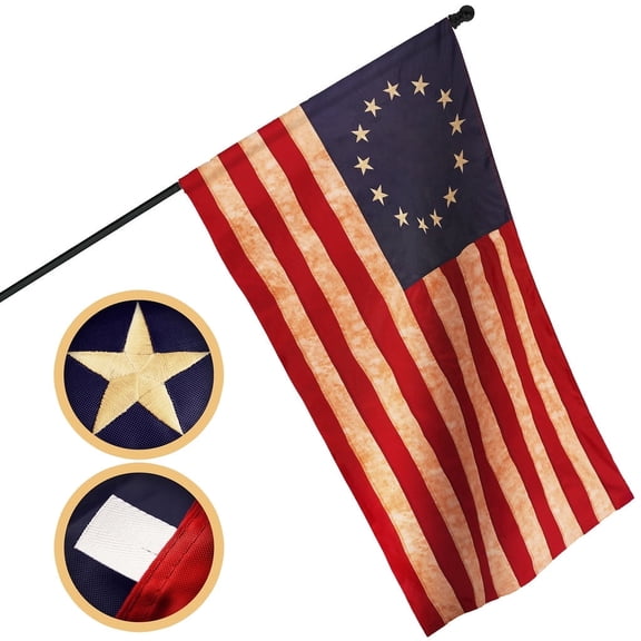 G128 Betsy Ross Tea-Stained Pole Sleeve Embroidered Flag, 3x5 ft, 420D Polyester, Indoor/Outdoor Use