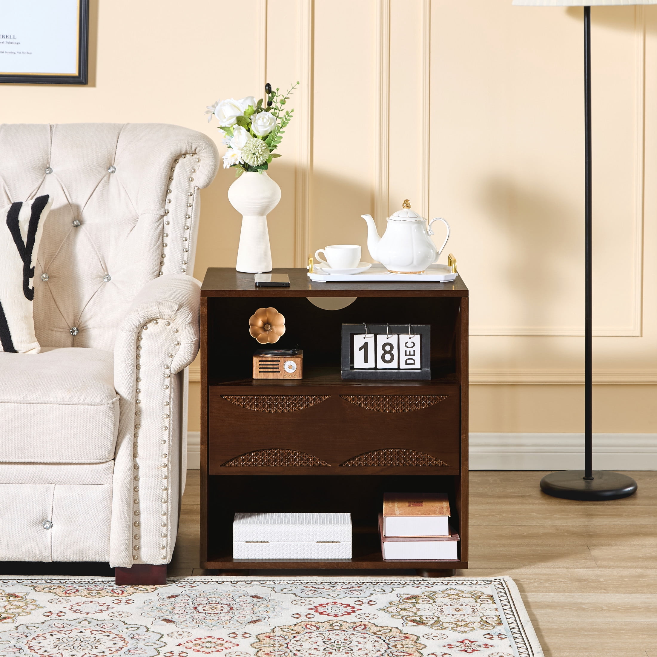 GDF Studio 23.2" Mid Century Modern Rattan Nightstand with Charging Station, Drawer & 2 Open Shelves, Walnut