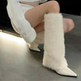thumbnail image 4 of YOUYEDIAN Womens Furry Boots Knee High Fold Over Tall Boot Wide Calf Pointed Toe Stiletto High Heel Fall Winter Boots for Women White, 4 of 6