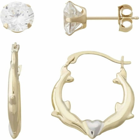 Dolphins Set Earrings - 10kt Yellow Gold 6mm Cubic Zirconia Stud And Kissing Dolphins Round Hoop Earrings Set