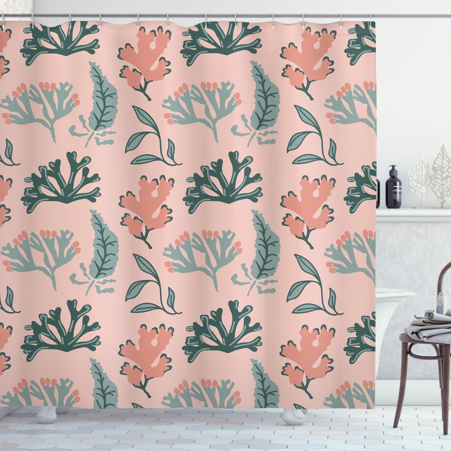 Under the Sea Shower Curtain, Dark Sea Green Tone and Coral Seaweed