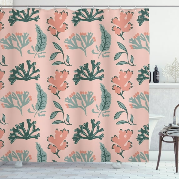 Under the Sea Shower Curtain, Dark Sea Green Tone and Coral Seaweed Water Plantation Print, Fabric Bathroom Set with Hooks, 69W X 75L Inches Long, Pale Salmon and Multicolor, by Ambesonne