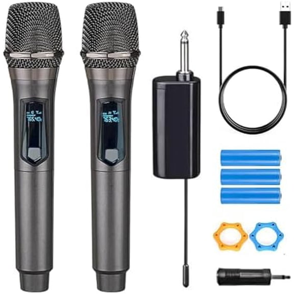 Wireless Microphone, Rechargeable Fixed Frequency Wireless Dual Microphone, Dual Handheld Dynamic Microphone,Karaoke Singing, Weddings DJ,Party, Church, Classroom use, 200 feet, Gray$$Music