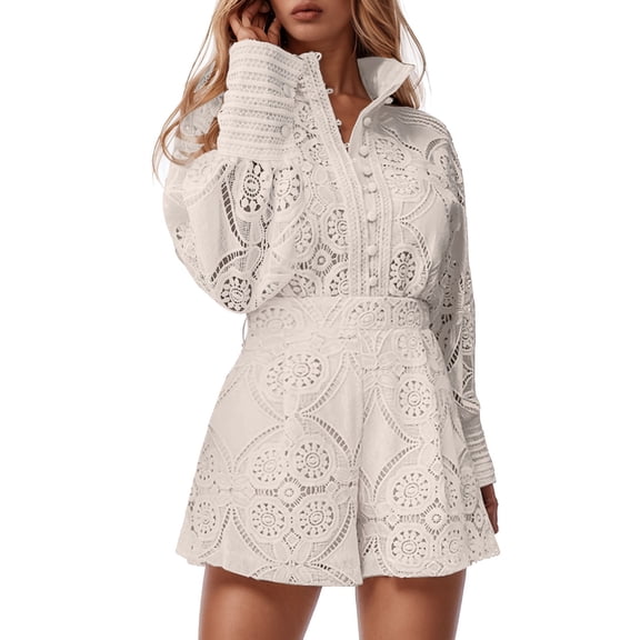 Outfits For Women 2 Piece Sets Women's Summer Casual Suit Solid Color Lace Trim Shorts with Long Sleeve Top Matching Set