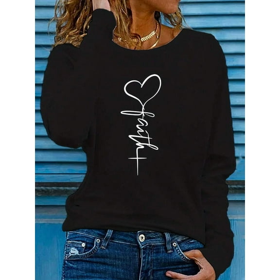 Faith Print Crew Neck T-Shirt, Spring/Autumn Casual Long Sleeve Top, Women's,Graphic Tees,Long Sleeve Tops,Shirts,Fall Women Clothes,Tops For Women,Cute Tops