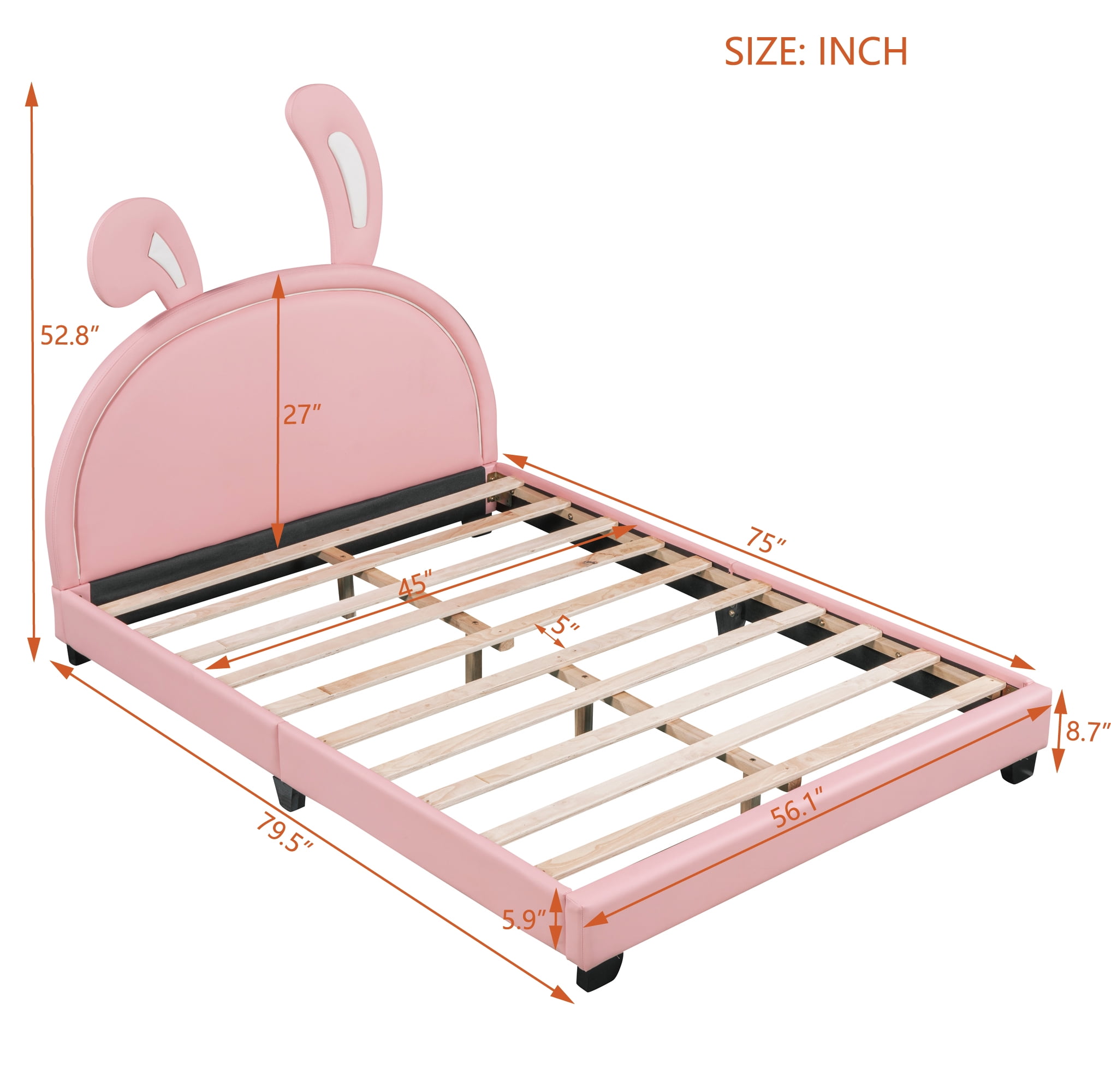 Aukfa Upholstered Platform Bed with Bunny Ears Headboard for Kids, Faux Leather Full Bed Frame - Pink