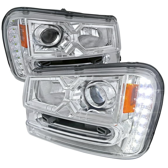 Projector Headlights w/ LED Light Strip (Chrome Housing/Clear Lens) Made for and Compatible with 2002-2009 Chevrolet Trailblazer