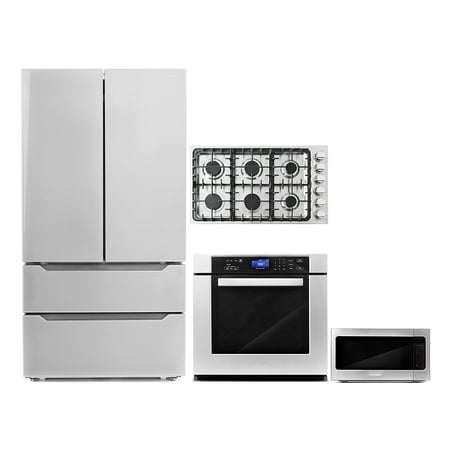 Cosmo 4 Piece Kitchen Package 36  Gas Cooktop 30  Single Electric Wall Oven 24.4  Countertop Microwave & Energy Star French Door Refrigerator