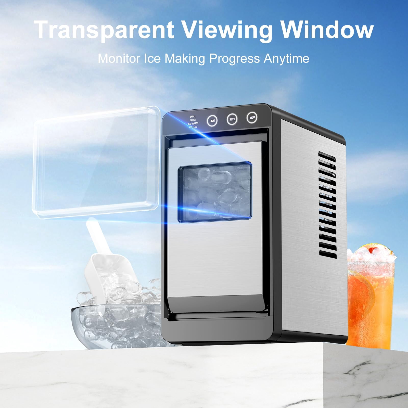 Ice Maker Countertop, 26Lbs/24H Ice Maker with 2 Sizes Bullet Ice, Interior Light, Self-Cleaning, Fast 8 Cubes in 6 Mins, Compact Ice Maker for Kitchen, RV, Personal Use, Stainless Steel
