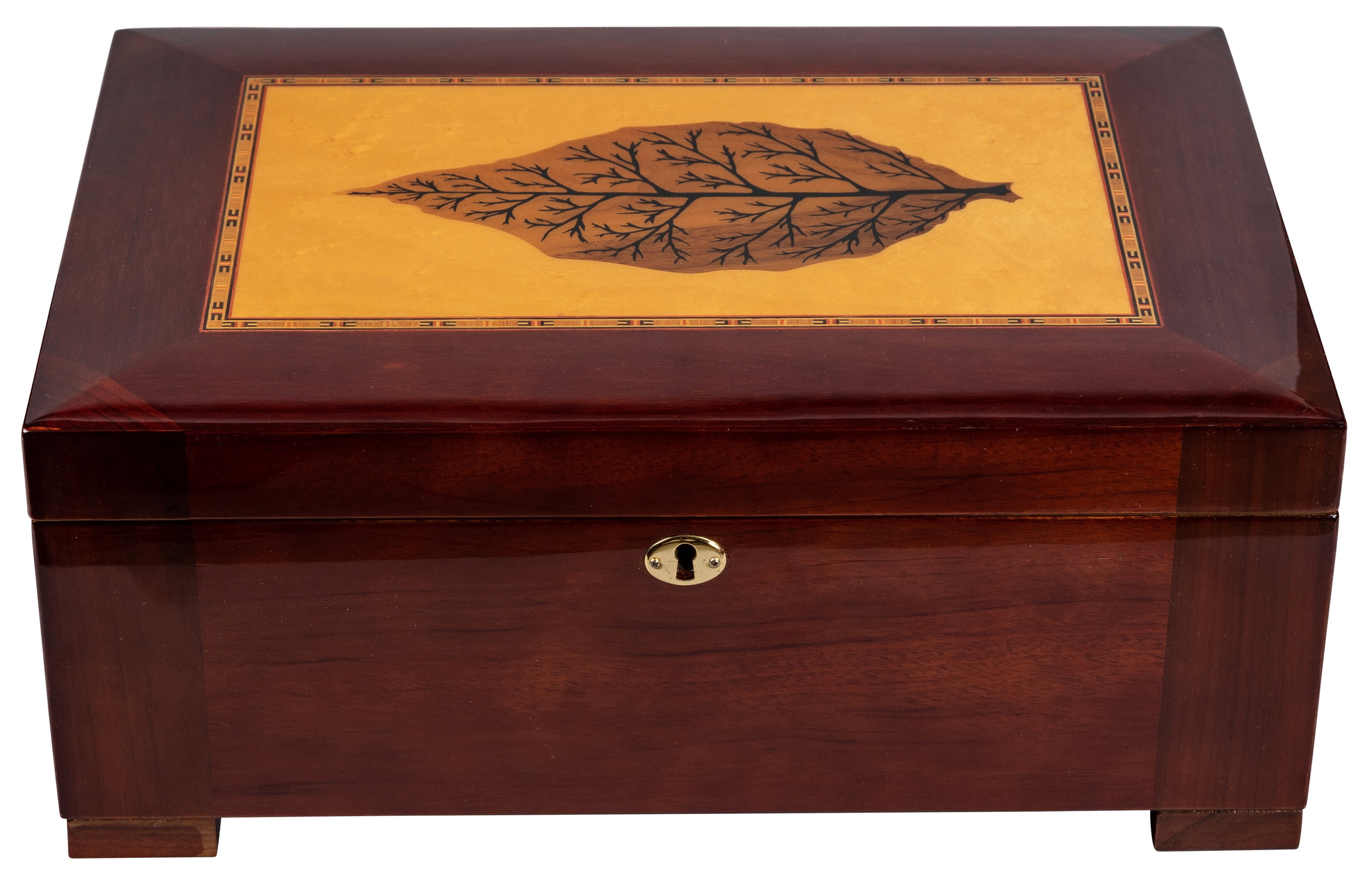 Stetson Dome Shaped Top Cigar Humidor - High Gloss Dark Burl Wood Finish w/Tobacco Leaf Inlay - Capacity: 150