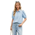 thumbnail image 3 of Women'S Button Down Shirts Short Puff Sleeve Collared Dressy Casual Blouse Tops Sky Blue M, 3 of 8
