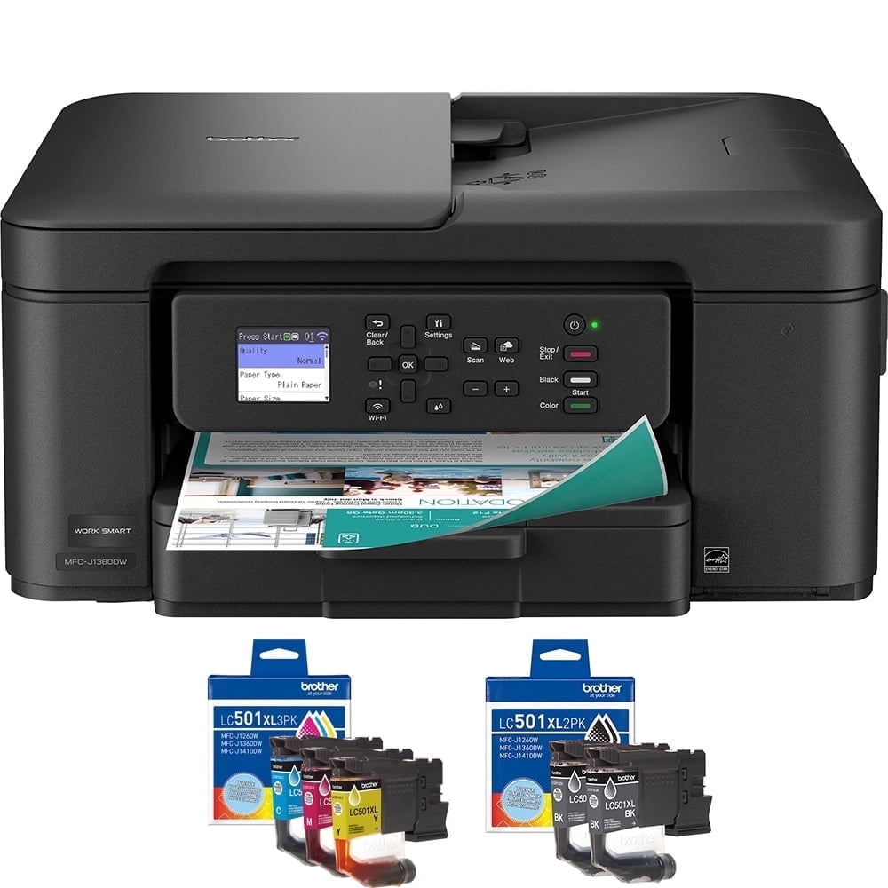 Brother Work Smart MFCJ1360DW Wireless Color Inkjet All-in-One Printer Bundle with 3-Pack High Yield Color Ink Cartridges (Cyan/Magenta/Yellow) + Twin Pack High Yield Black Ink Cartridges