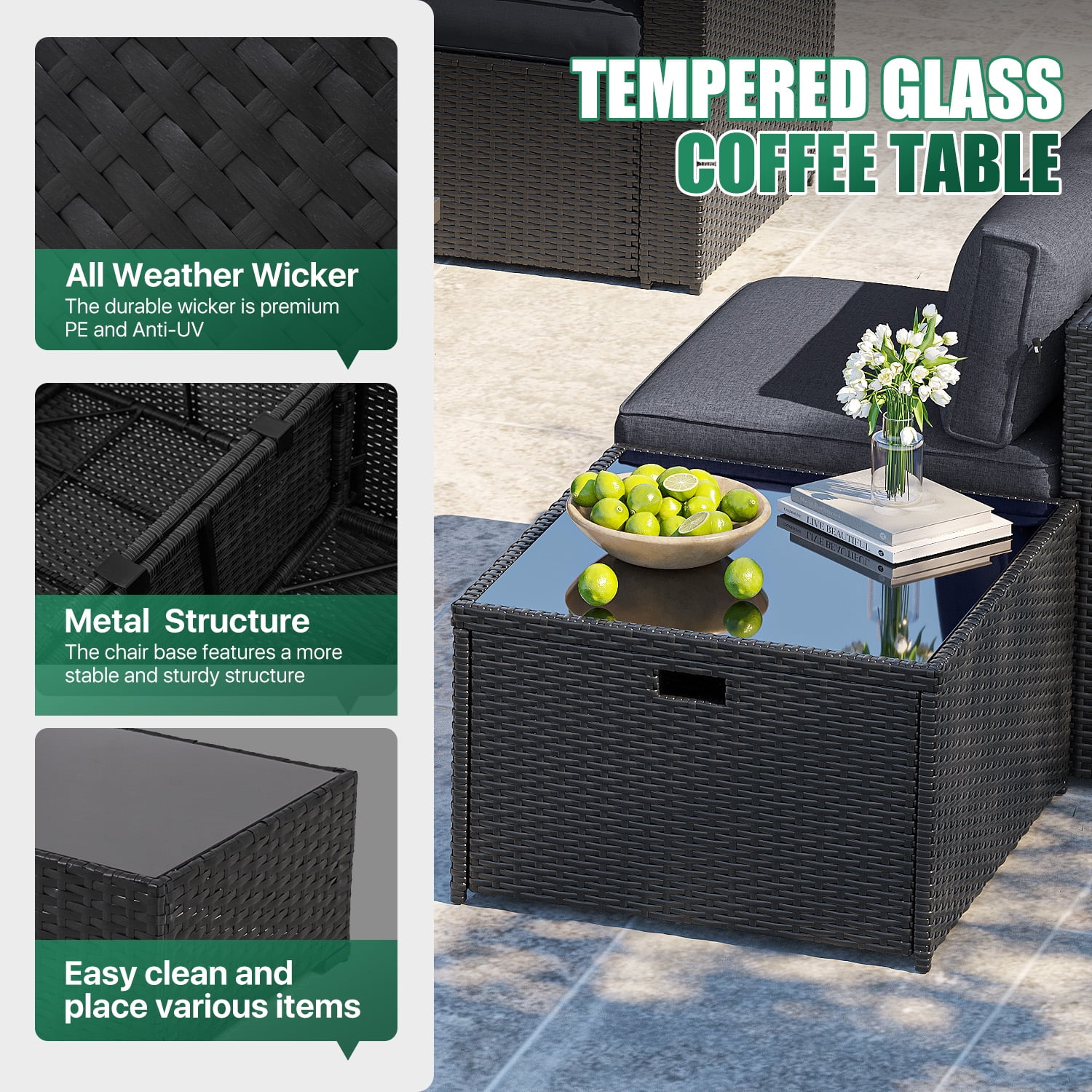Clouddwell 10-Piece Patio Furniture Set On Sale, Black Rattan Wicker Outdoor Sectional Sofa Couch with Table Patio Conversation Set for Lawn& Backyard, Gray
