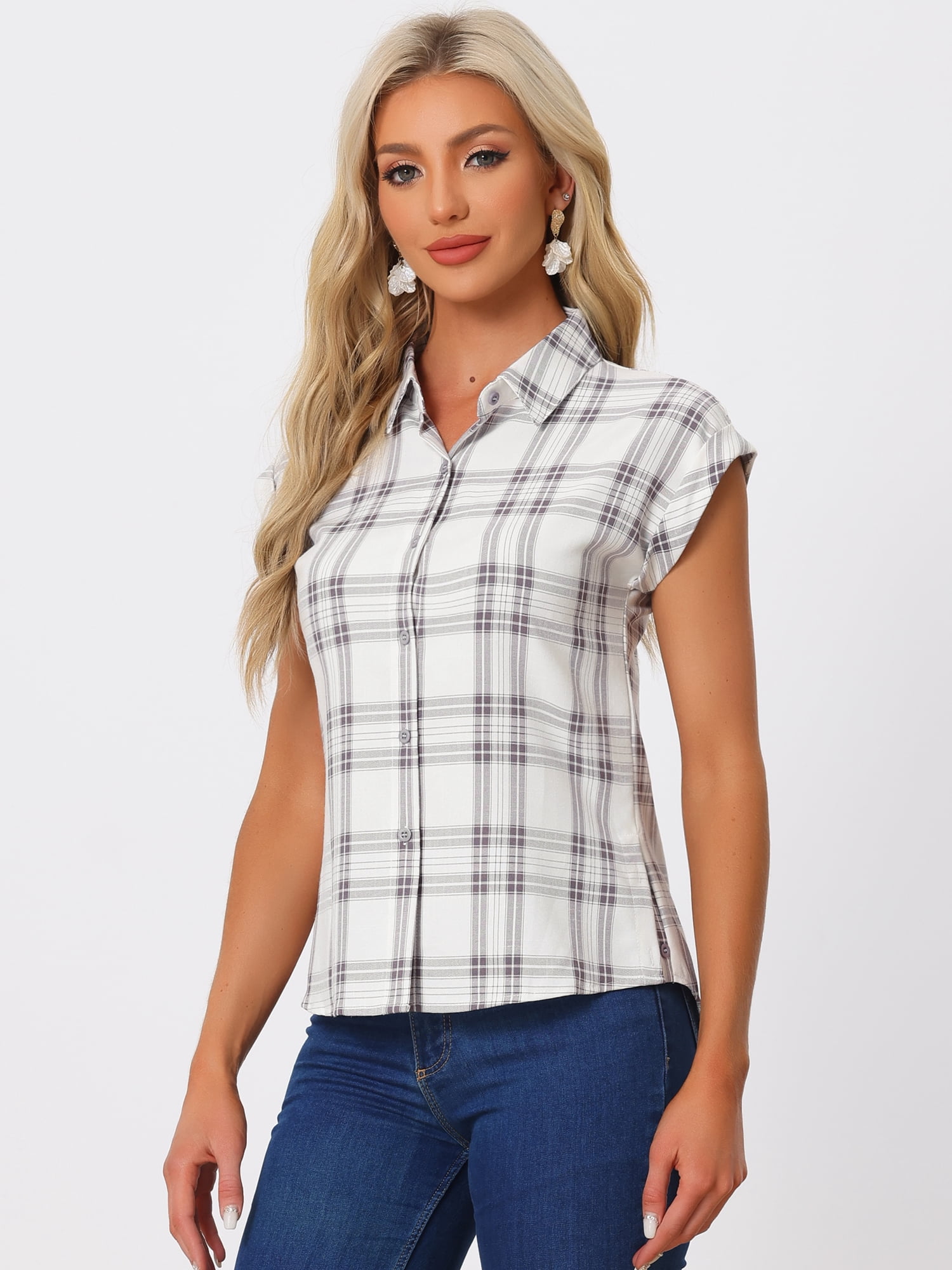 DARING DIVA Women's Summer Plaid Short Sleeves Button Down Tops S Purple-White