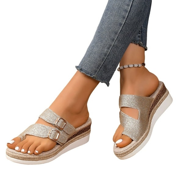 Platform Flip Flops for Women 2025 Sparkly Buckle Espadrilles Chunky Wedge Slip on Sandals Dress Slides Shoes
