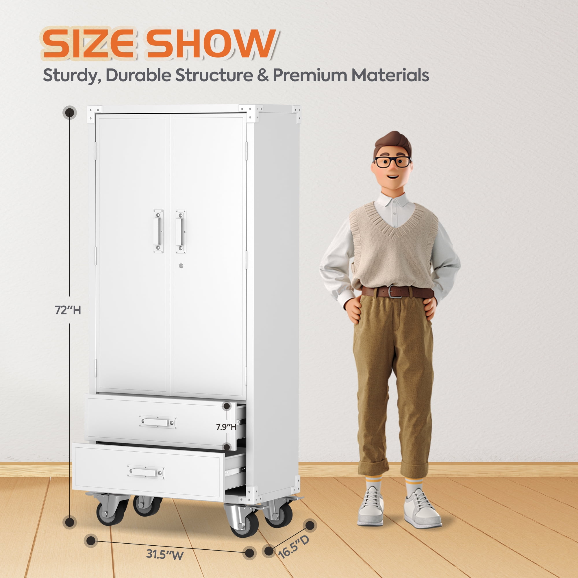 Supeer Lockable Rolling Metal Storage Cabinet with 2 Drawers and 2 Doors, White, 72 inches