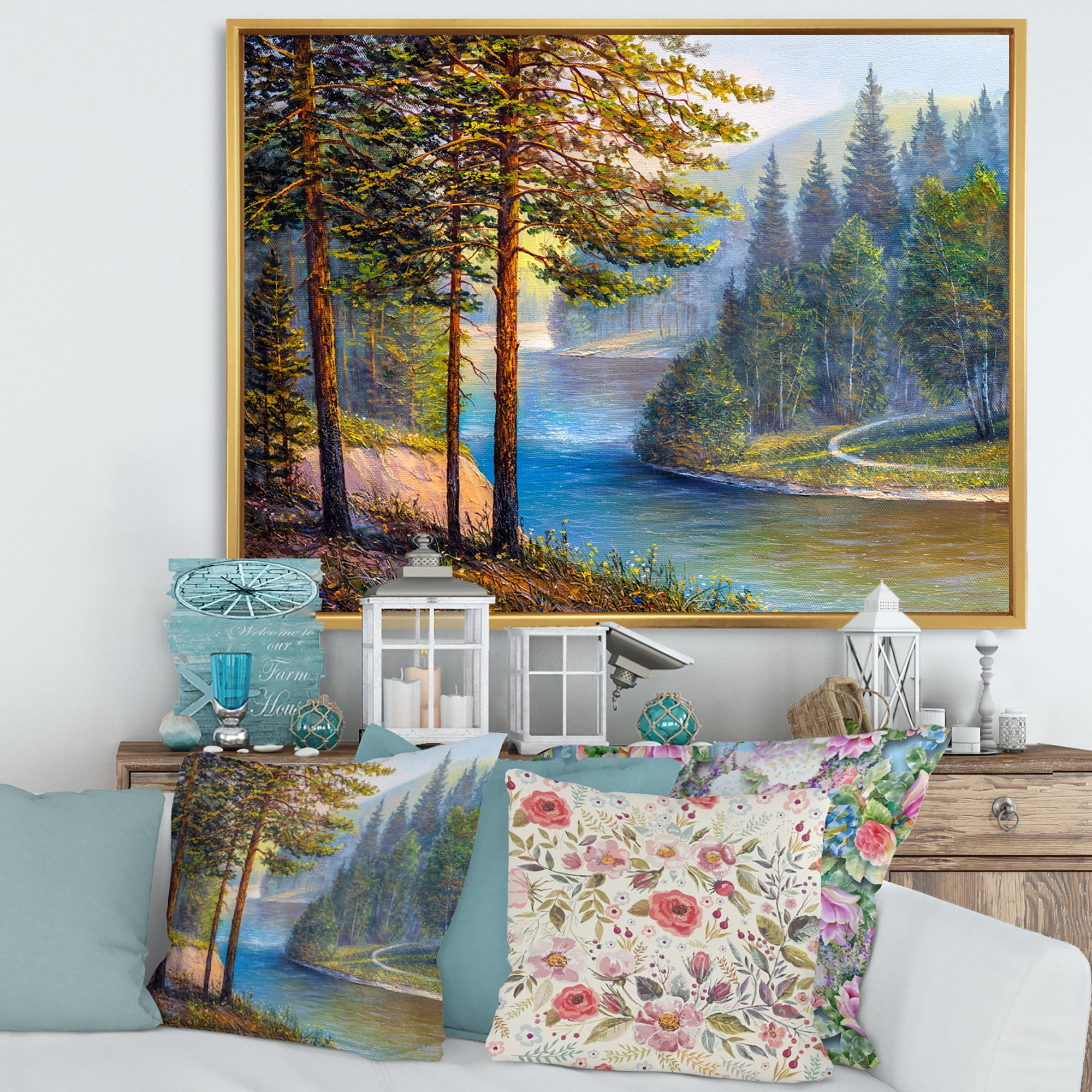 Designart 'Sunrise Glow Through The Pine & Fir Forest' Lake House Framed Canvas Wall Art Print