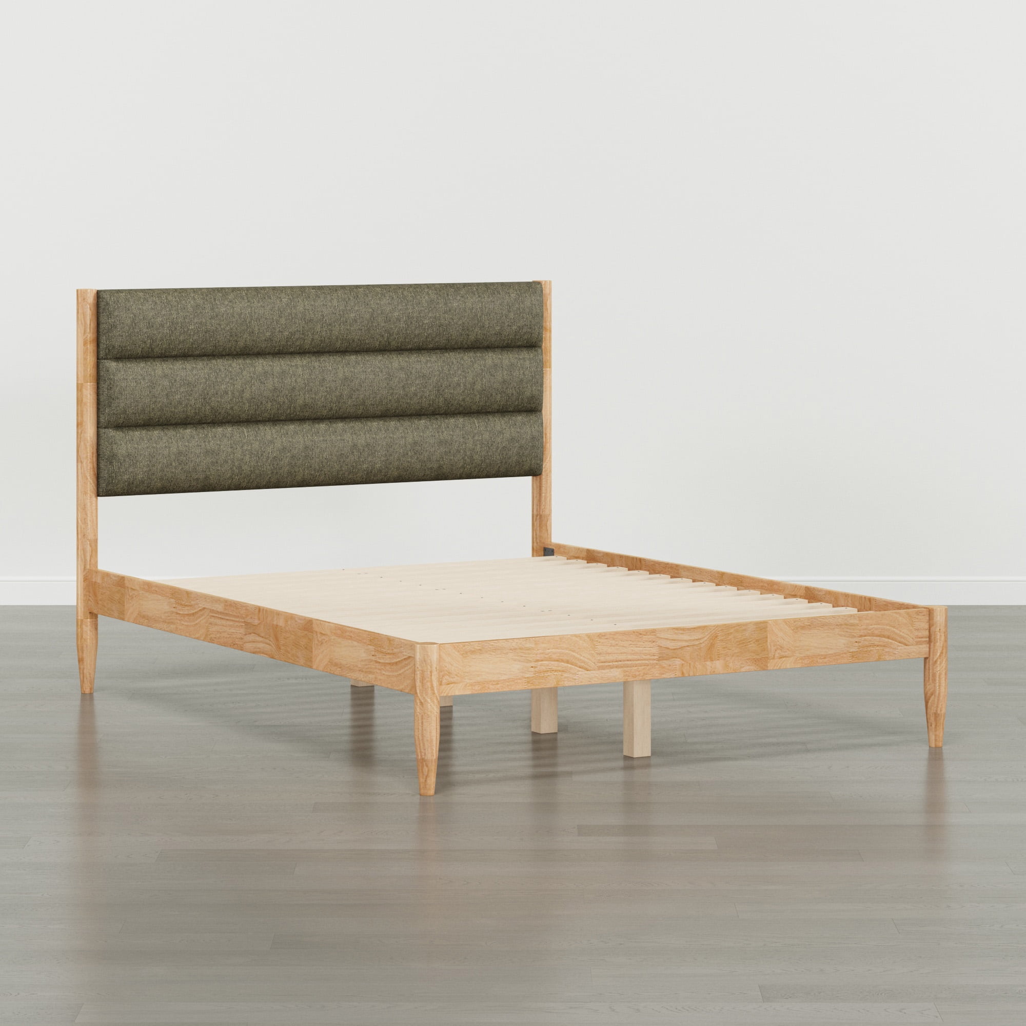 Spruce & Spring Farmhouse Queen Upholstered Bed Frame, Solid Rubberwood Frame, Sage Green Boucle Headboard, Noise-Free, No Box Spring Required, Natural & Sage