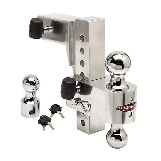 Aluma-Tow Adjustable Aluminum Ball Mount Hitch - 2.5in Receiver, 12k lbs GTWR, 8in Drop/Rise, 3 Balls & Locking Pins/Storage Case