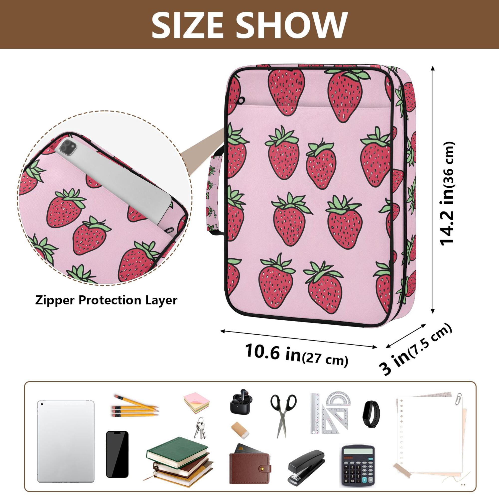 FORMRS Accordion File Folder A4 Size 7-Pocket Expanding Document Organizer Bag with 3 Ring Binder, Cartoon Strawberry