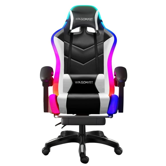 Wingomart Ergonomic Gaming Chair with Footrest, High Back Faux Leather Gaming Chair With RGB led light and Adjustable Armrest Height Adjustable Swivel