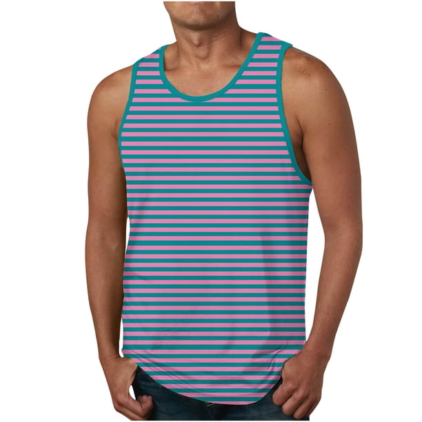 Tanques para Hombre para el Verano Solto Chaleco Raya Impresión Deporte Cuello Redondo Superior