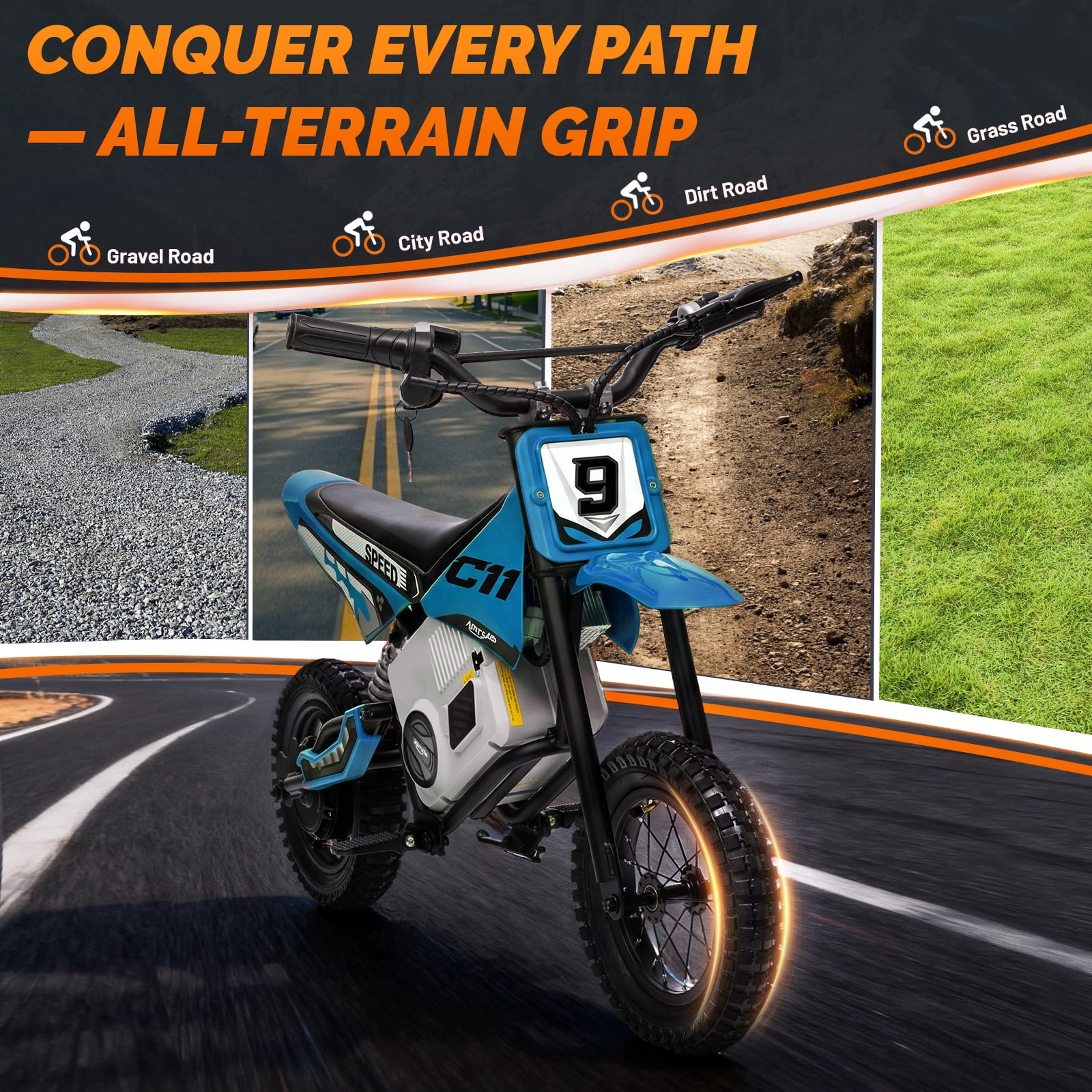 Kerry Yoo C11 36V Electric Dirt Bike for Kids 8-14, 350W Teen Electric Motorcycle, 16 mph, Spring Shock Absorption Suspension - Blue