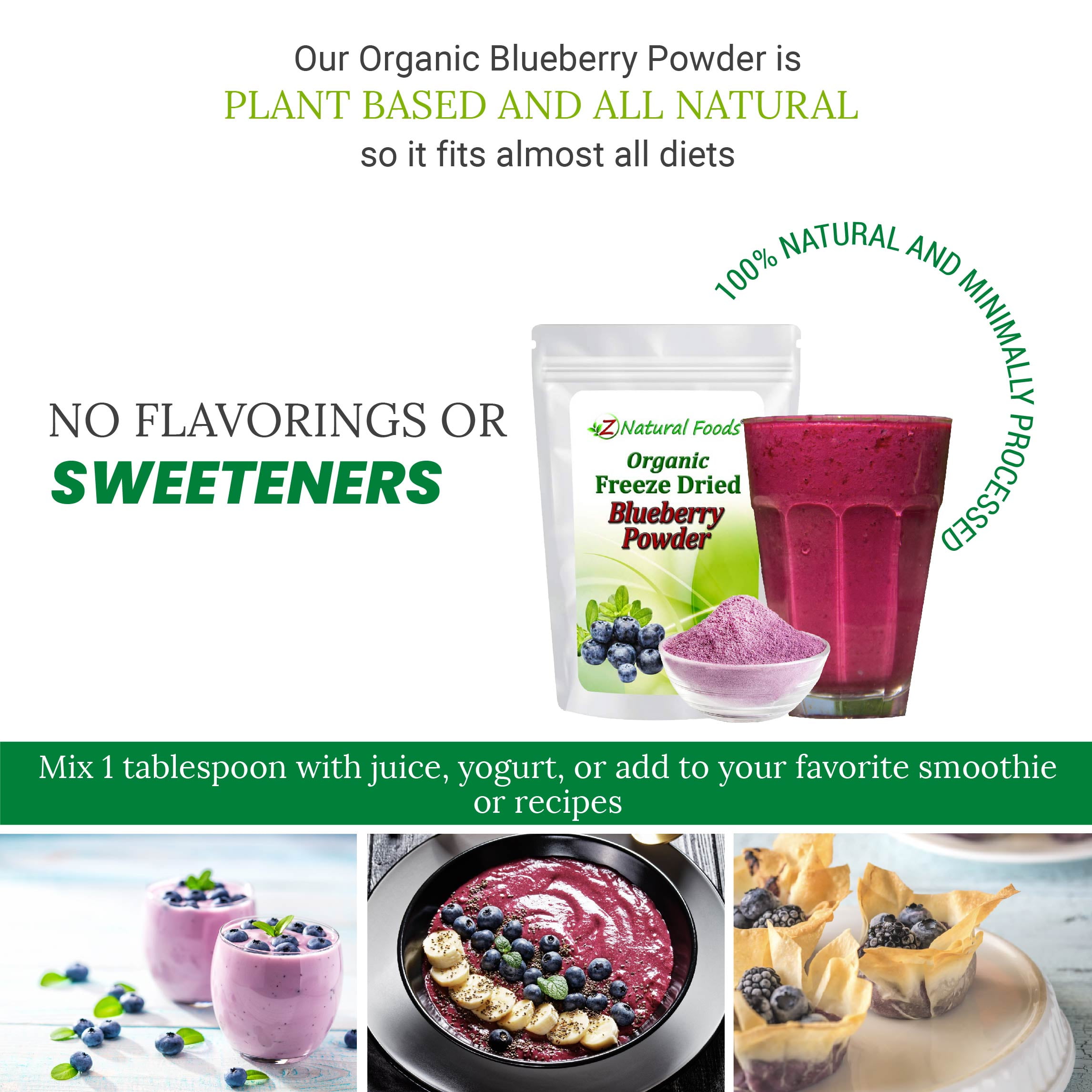 Z Natural Foods Organic Blueberry Powder, Freeze Dried Superfood Powder, 1 lb