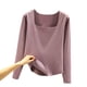 thumbnail image 4 of Hanzidakd - Camiseta térmica de manga larga con cuello cuadrado y corte entallado para mujer, color liso, para otoño e invierno, color morado, talla L, 4 of 4