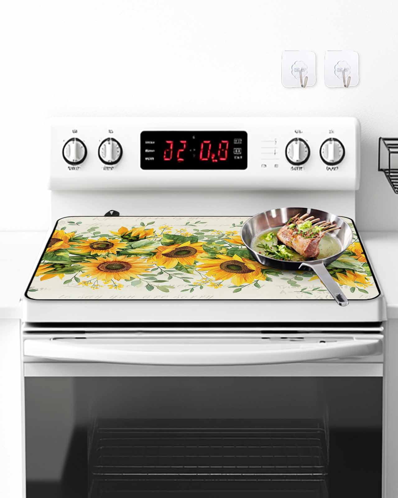 Stove Top Covers for Electric Stove, Sunflower Glass Stovetop Cover Protector, Country Botanical Yellow Green Floral Leaf Induction Cooktop Protector Oven Mat for Kitchen Countertop 24"x21"
