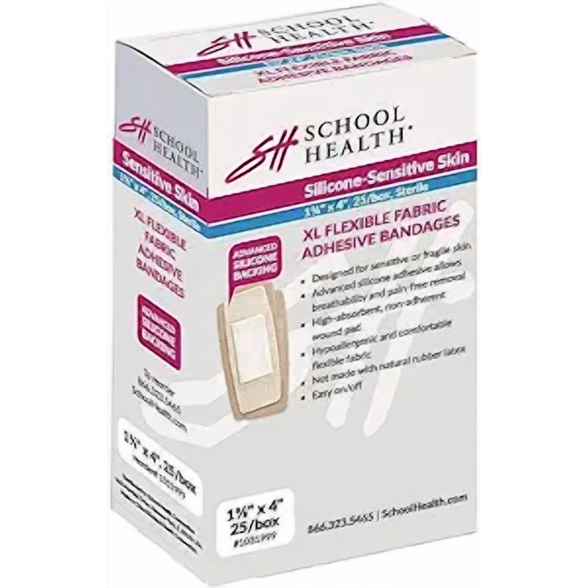School Health - Silicone Adhesive Bandage for Sensitive or Fragile Skin, Form-Fitting Protection and Wound Care for Cuts and Scrapes, Premium Adhesive Stays Secure with Movement, 1-5/8" X 4", 25/box