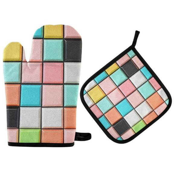 Yayeee Oven Mitts and Pot Holder Set of 2 Heat Resistant Kitchen Gloves Baking Hot Pad, Colorful Checkered Pattern