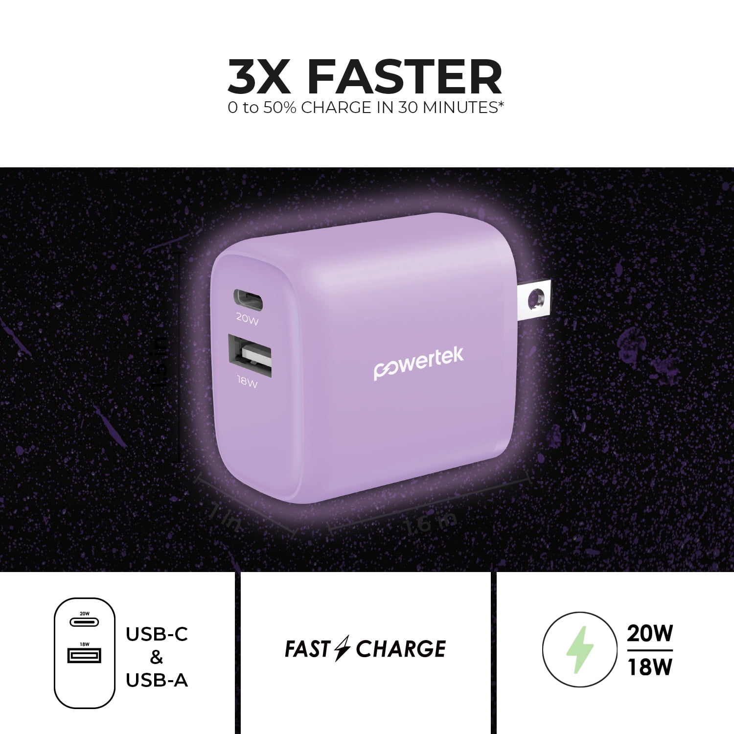 Liquipel Powertek Glow in the Dark 20W Combo Wall Charger - Purple