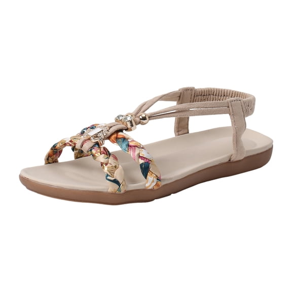 Povozer Boho Sandals for Women Summer Casual Flat Ankle Elastic Comfortable Beach Shoes(Khaki,7.5)