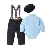 CARETOO Baby Boy Clothes Infant Formal Dress Outfit Set Romper Shirt Bowtie Beret Suspender Pants 0-24M 4Pcs Church Wedding Baptism Suit Cotton Fabric