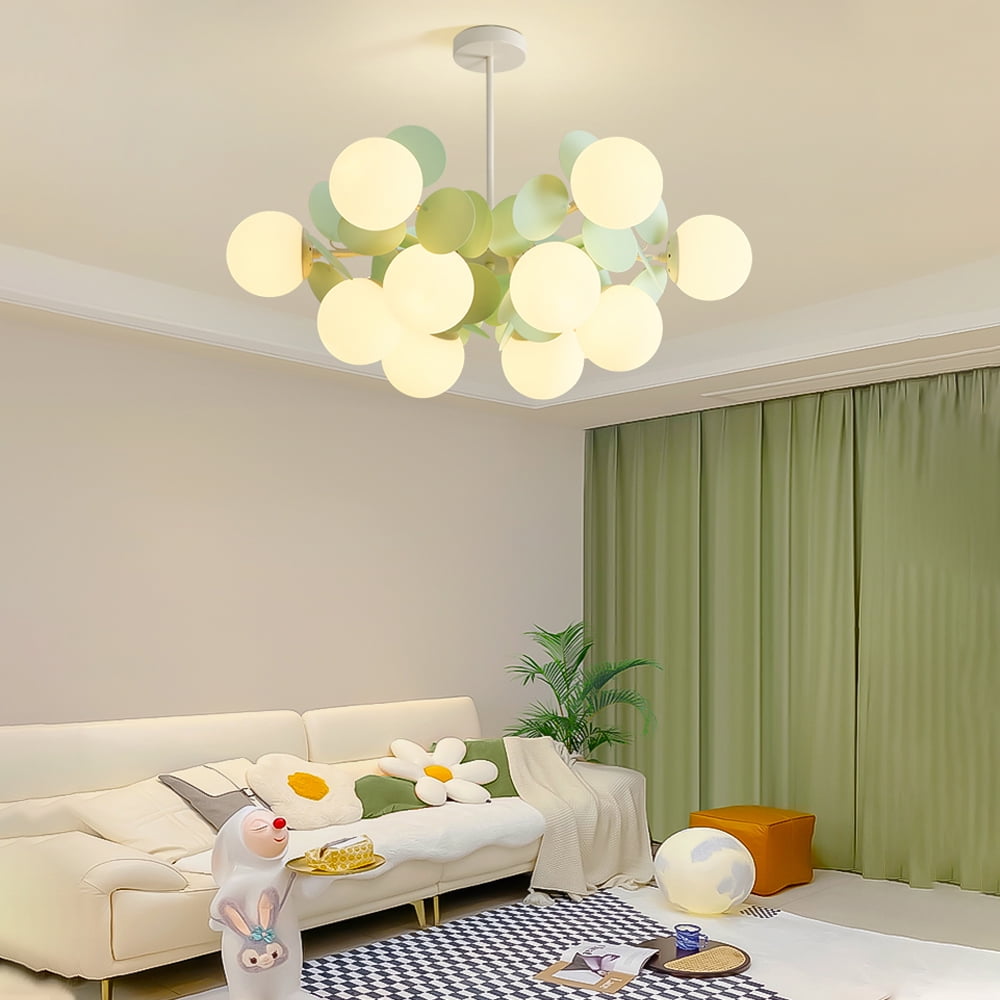 UEEYAC French Cream Style Living Room Glass Pendant Light Modern Green Bubble Chandelier