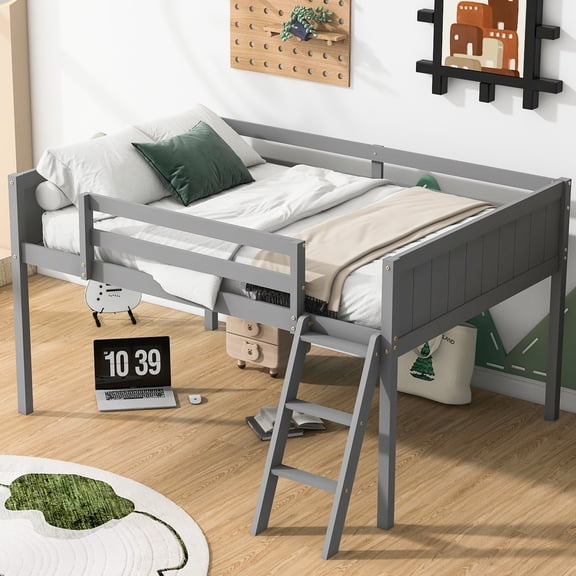 High - Quality Wood, Fun Family Bed - Full Size Gray Wood Low Loft Bed in Bedroom