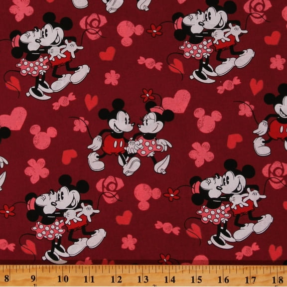 Cotton Mickey Mouse and Minnie Mouse in Love Hearts Valentine's Day Cotton Fabric Print by the Yard (17047317)