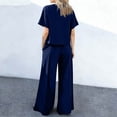 thumbnail image 3 of Bbyeadc Two Piece Linen Sets for Women Short Sleeve Crew Neck T-Shirt Solid Color Elastic Waist Pants Fashion Spring Travel Sets,Blue (XL), 3 of 5