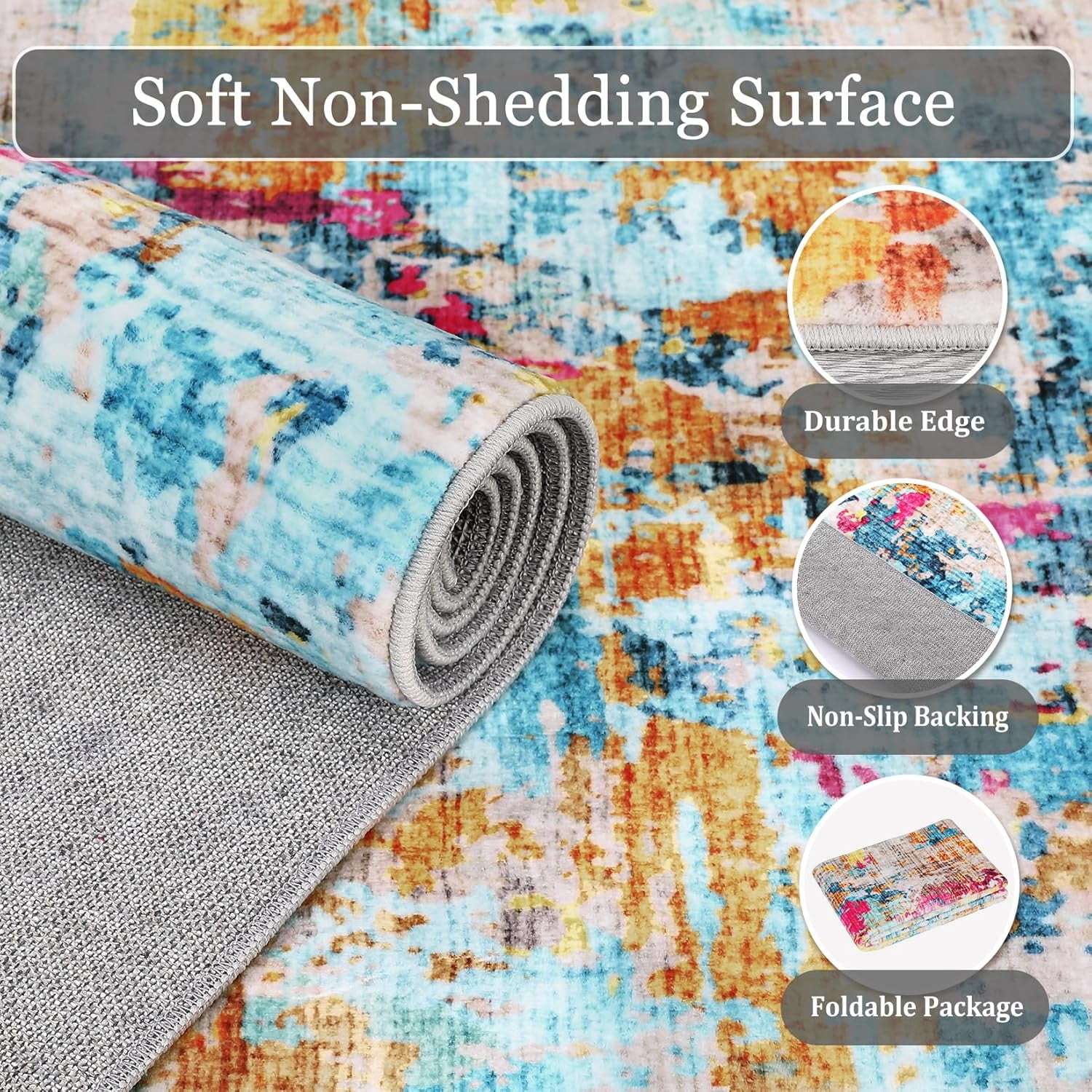 Colorful Abstract Area Rug, 5x7 Boho Washable Living Room Bedroom Rug Modern Non-Slip Non-Shedding Low Pile Area Rug Throw Rug for Dining Room Home (Colorful Multi, 5'x7')