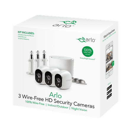 Arlo 720P HD Security Camera System VMS3330W - 3 Wire-Free Cameras with 3 Additional Wall Mounts and 3 Outdoor Mounts, Indoor/Outdoor, Night Vision, Motion